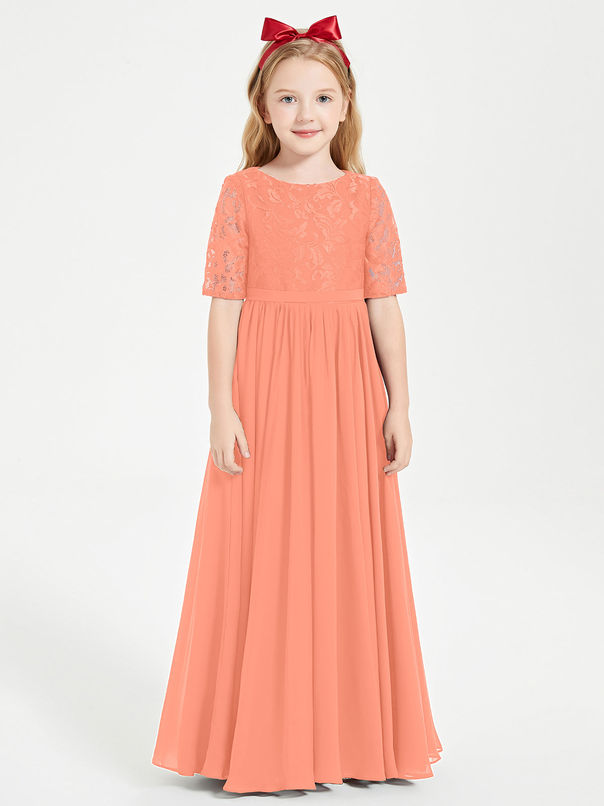 Long Junior Bridesmaid Gown Lace Top Half Sleeves Sunset